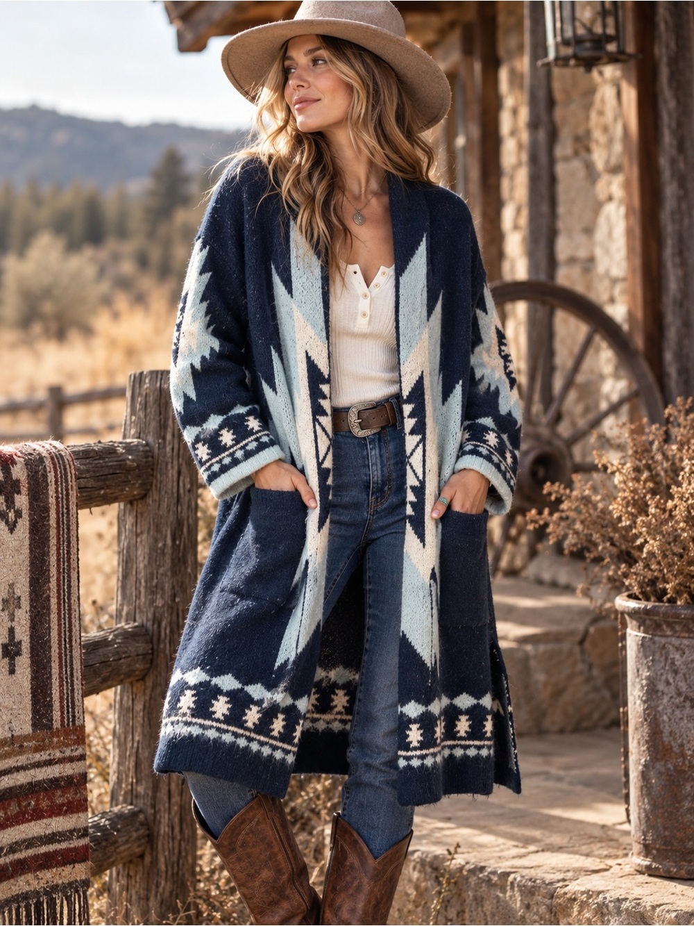 Southwestern Duster Cardigan Geometric Western Boho Ranch Navy Blue M